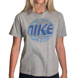 Vintage Nike Spellout 90s Grey and Blue Soccer T-shirt Size Large
